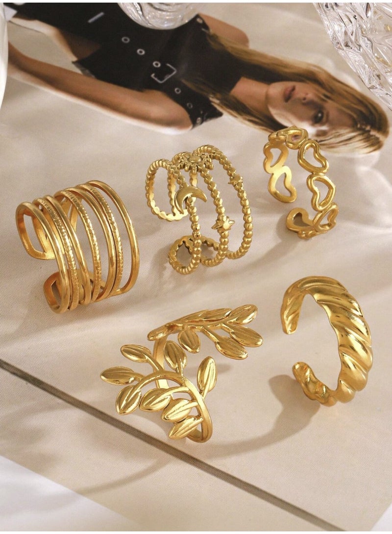 veya SET OF 5 WOMEN’S LEAF DESIGN RINGS – STAINLESS STEEL - Image 3